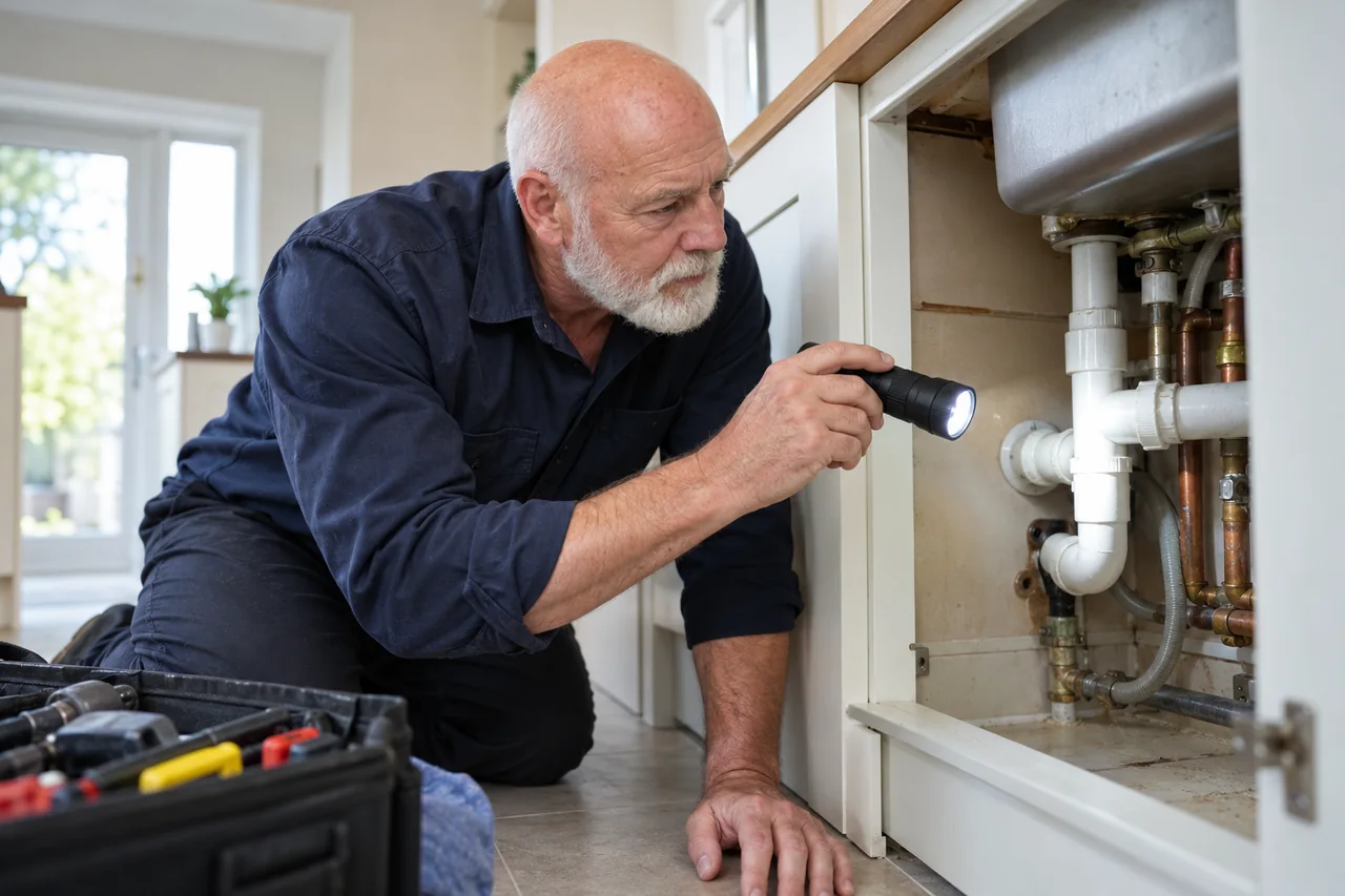 Inspector examining accessible utility cupboard pipework