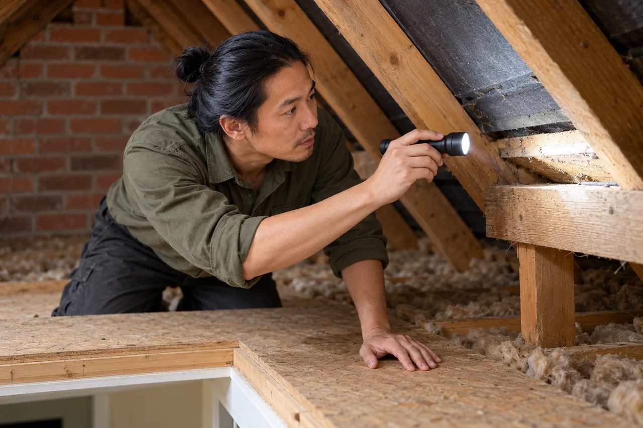 Technician assessing an accessible boarded loft area