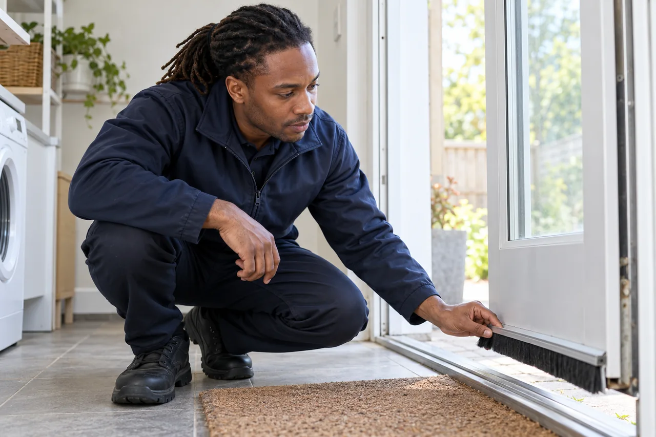 Technician checking a door threshold for prevention advice