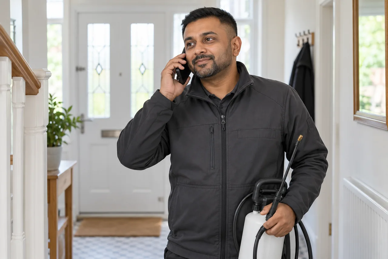 Technician discussing a property enquiry by telephone
