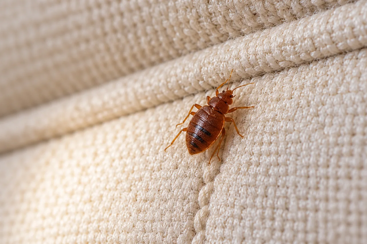 Adult bed bug on a fabric headboard seam