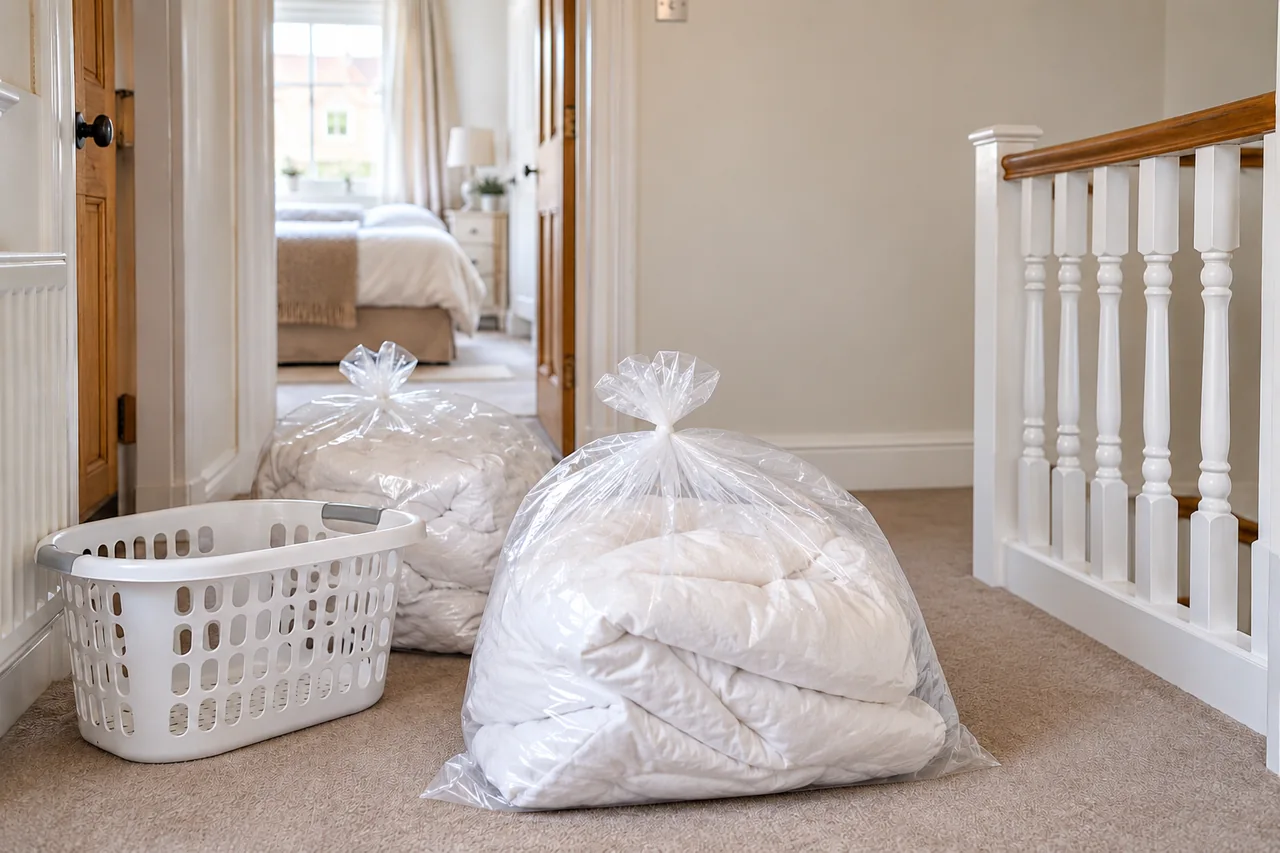 Contained bedding and an empty laundry basket ready for preparation