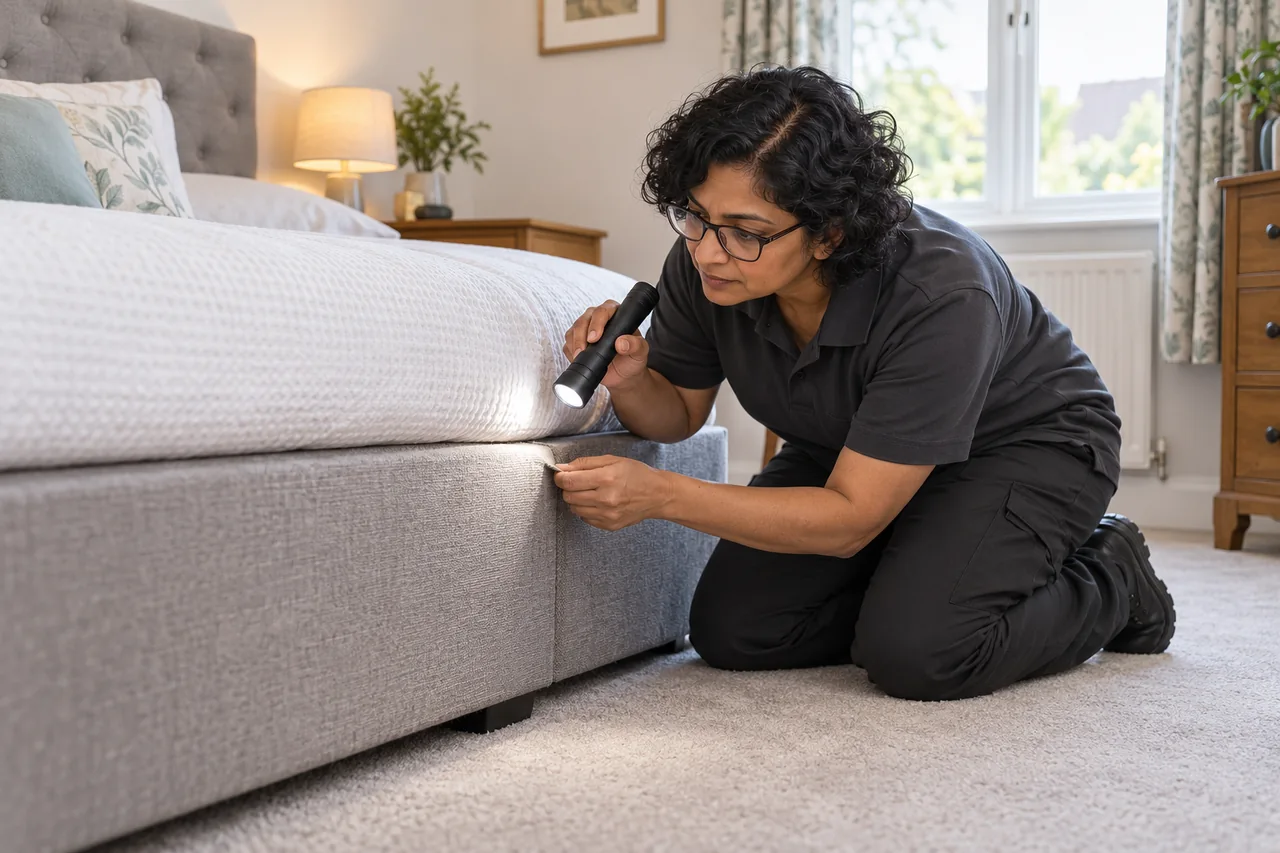 Technician examining an upholstered bed-frame seam