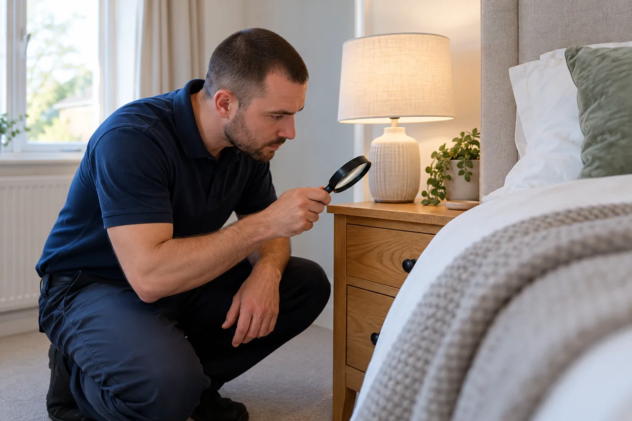 Inspector checking evidence beside bedroom furniture