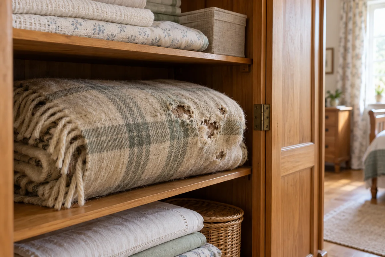 Areas of fibre damage in a stored wool blanket