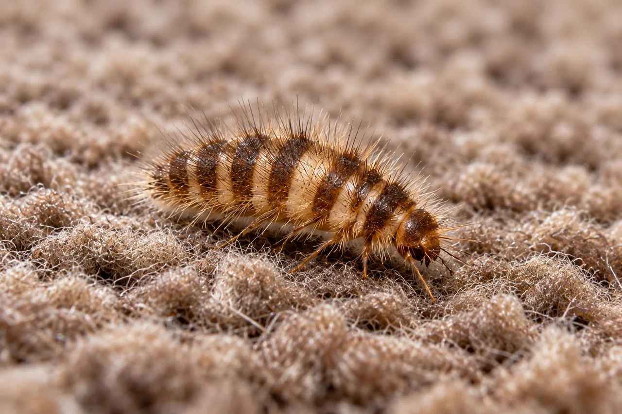 Bristly carpet beetle larva on wool rug fibres