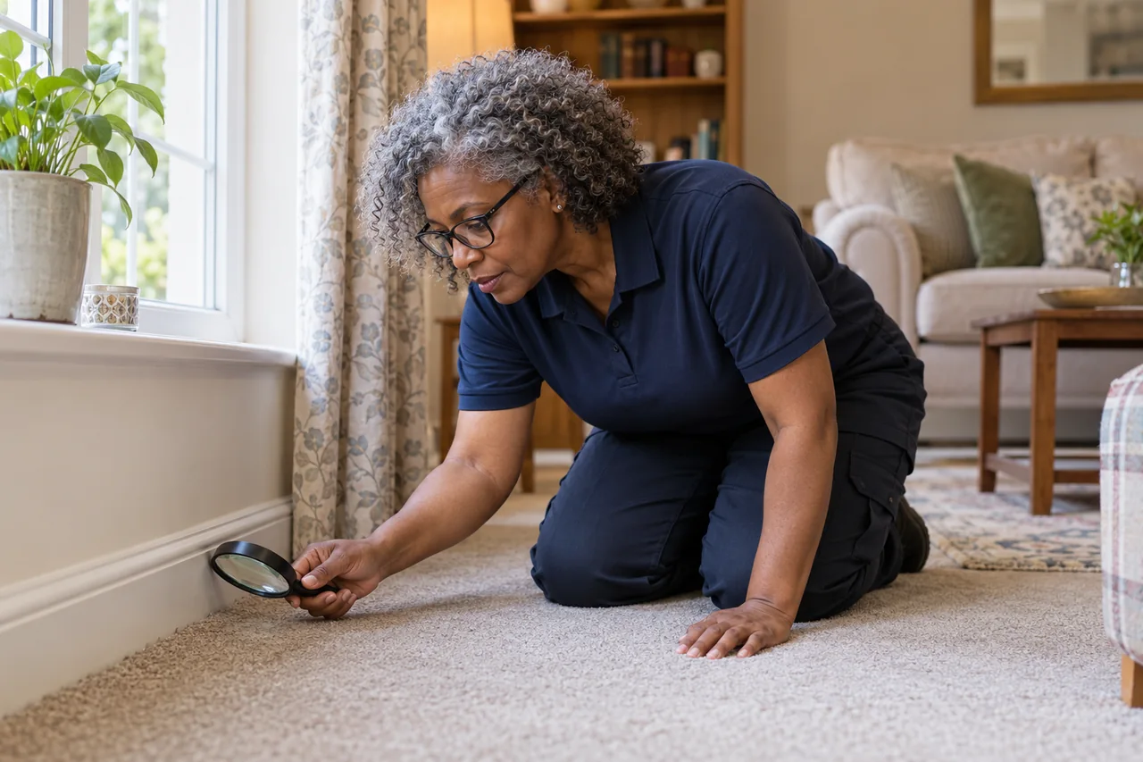Inspector examining a carpet edge with a magnifier