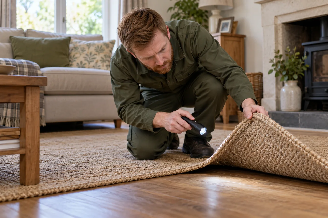 Technician inspecting the underside of a lifted natural-fibre rug