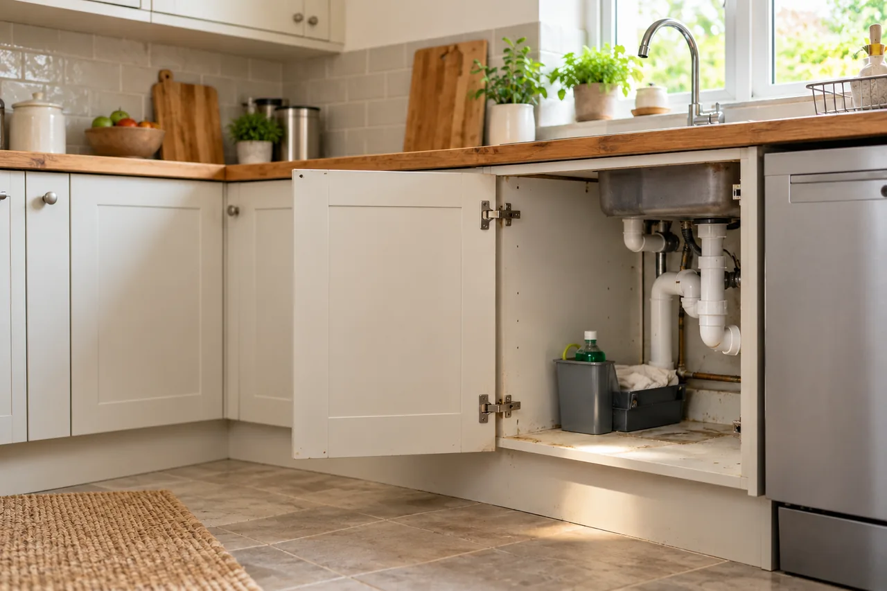 Kitchen plumbing corner and appliance recess