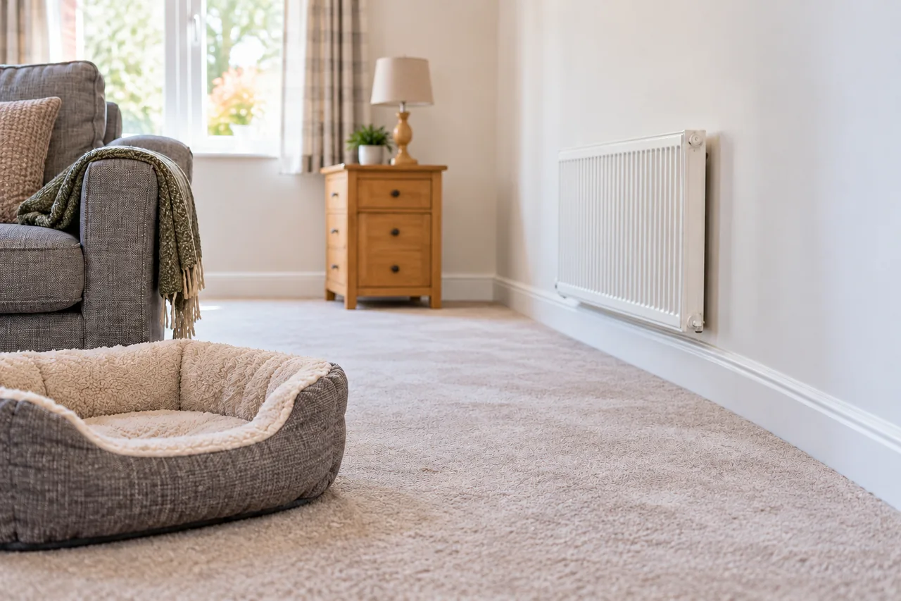 Empty pet bed beside carpet and a skirting gap