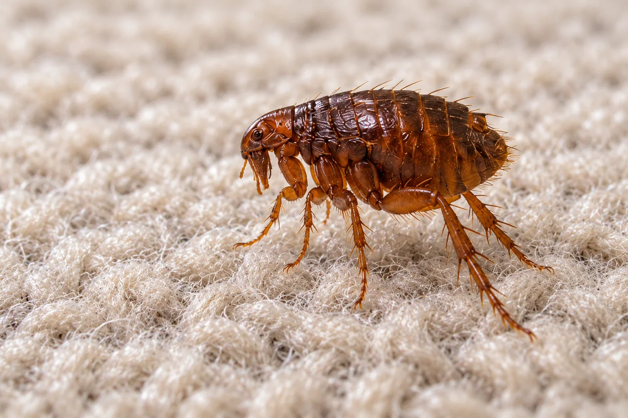 Adult flea on pale upholstery fibres