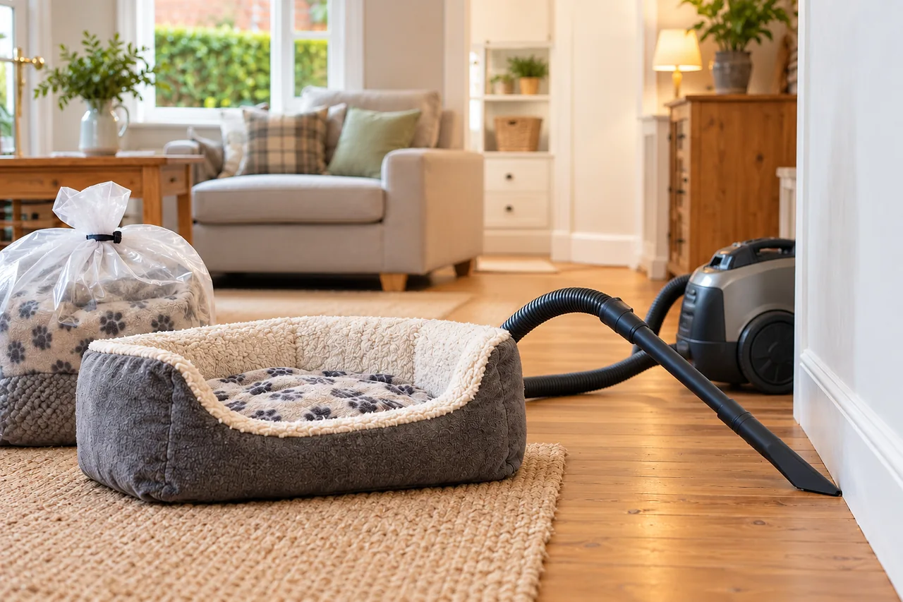 Vacuum attachment and contained pet bedding ready for preparation