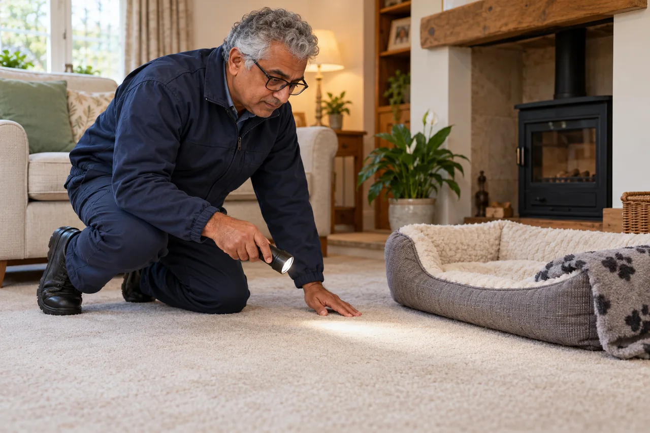 Technician inspecting carpet beside a pet resting area