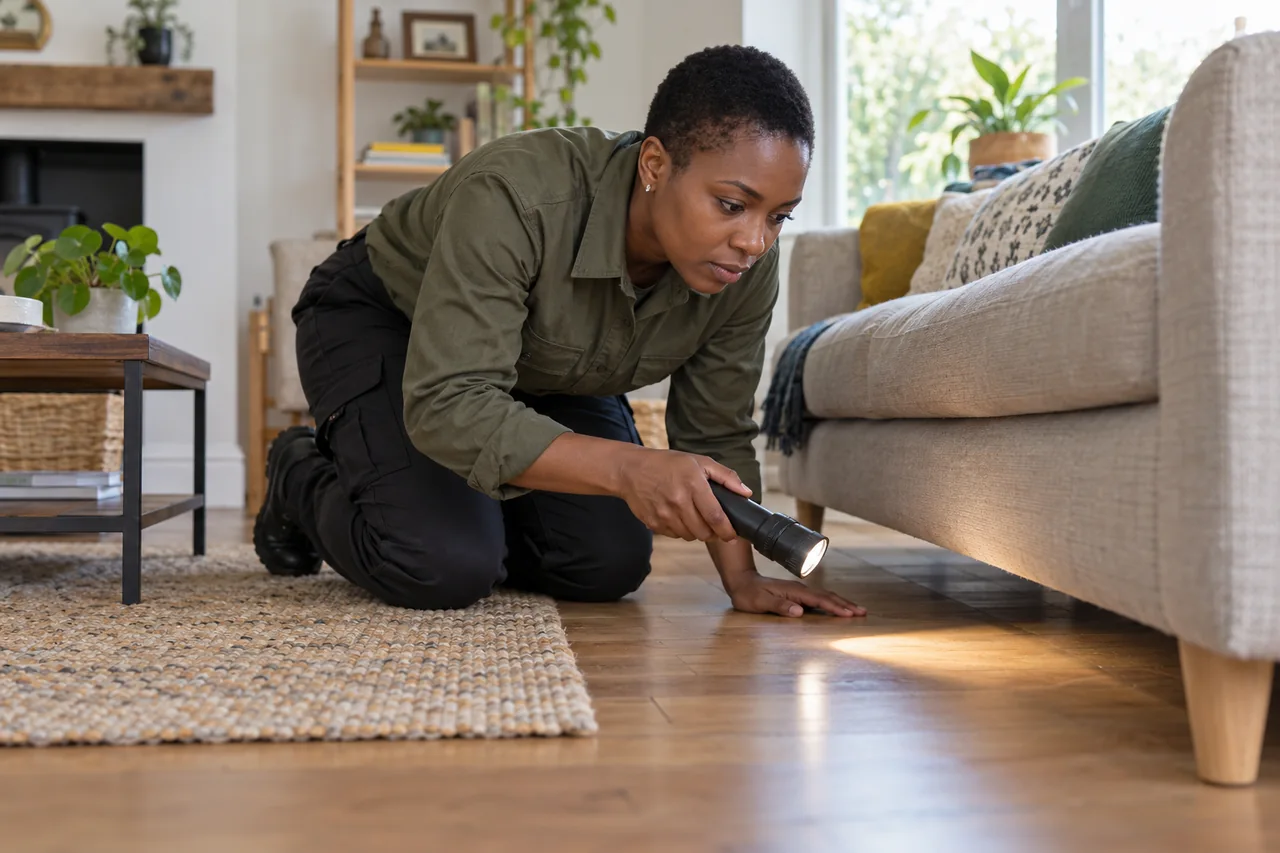 Inspector examining floorboard edges beside a sofa