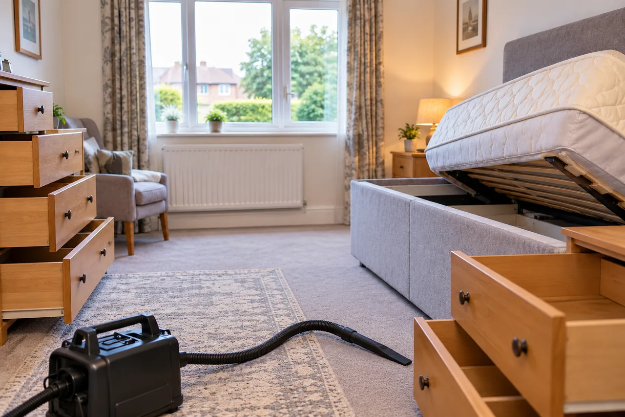 Bedroom arranged to provide access to furniture and storage