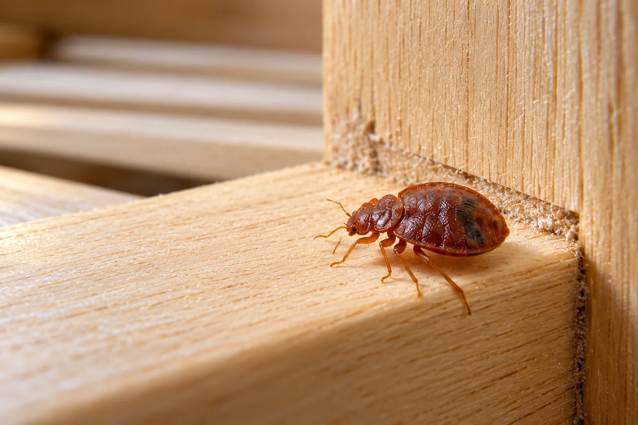 Adult bed bug at a wooden bed-slat joint