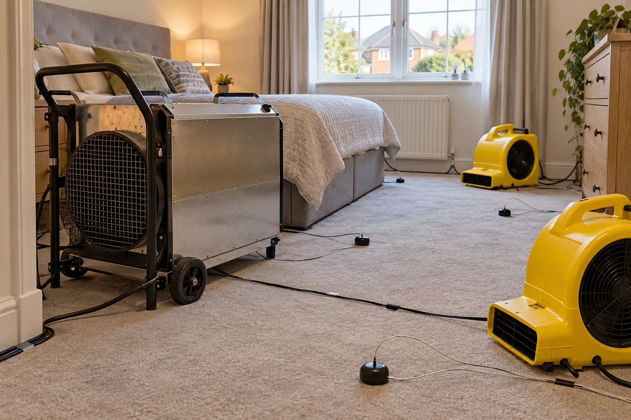 Room heating equipment, air movers and wired monitoring sensors