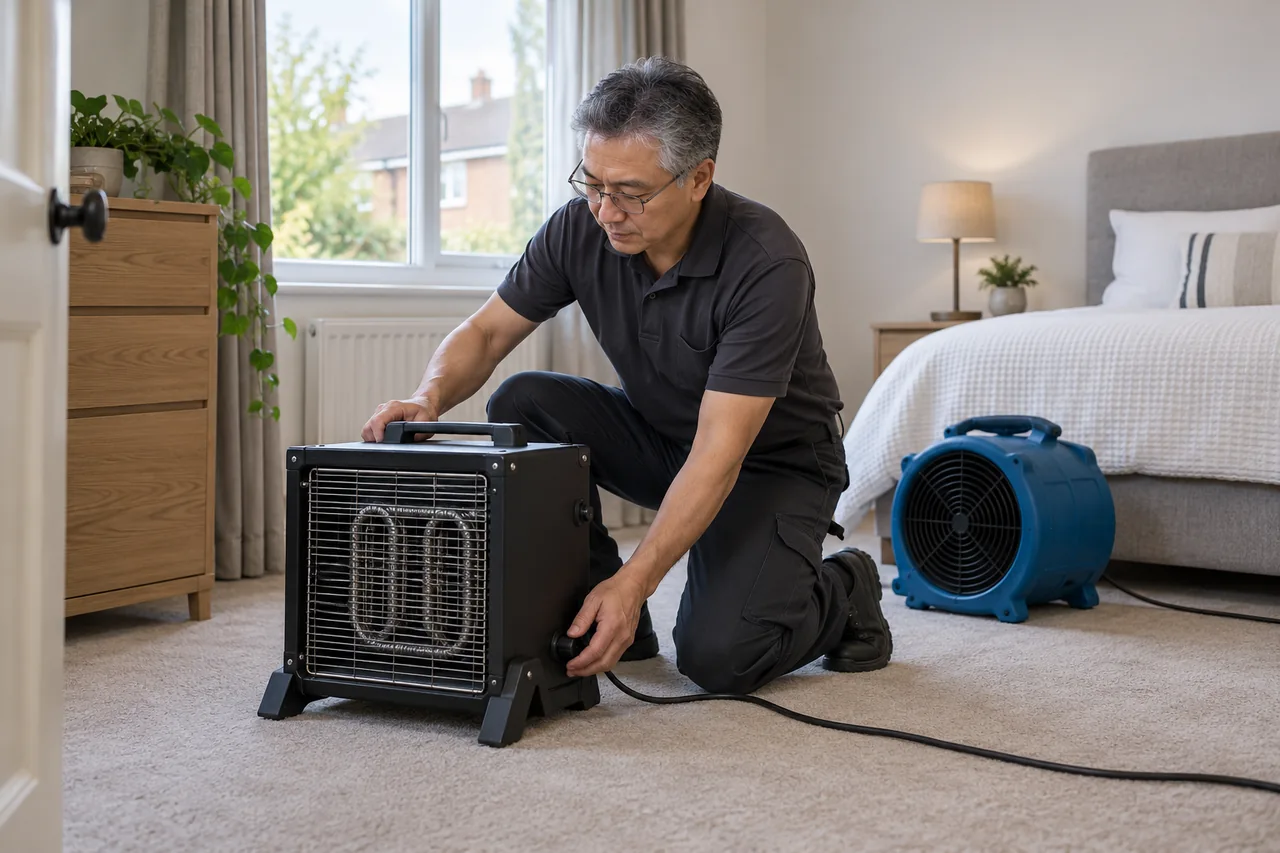 Specialist assessing electric heating equipment in a bedroom