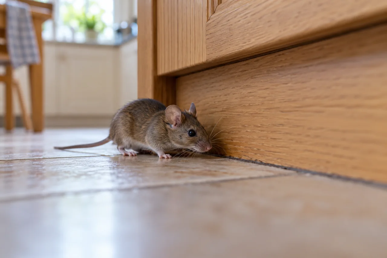 House mouse beside a kitchen skirting board