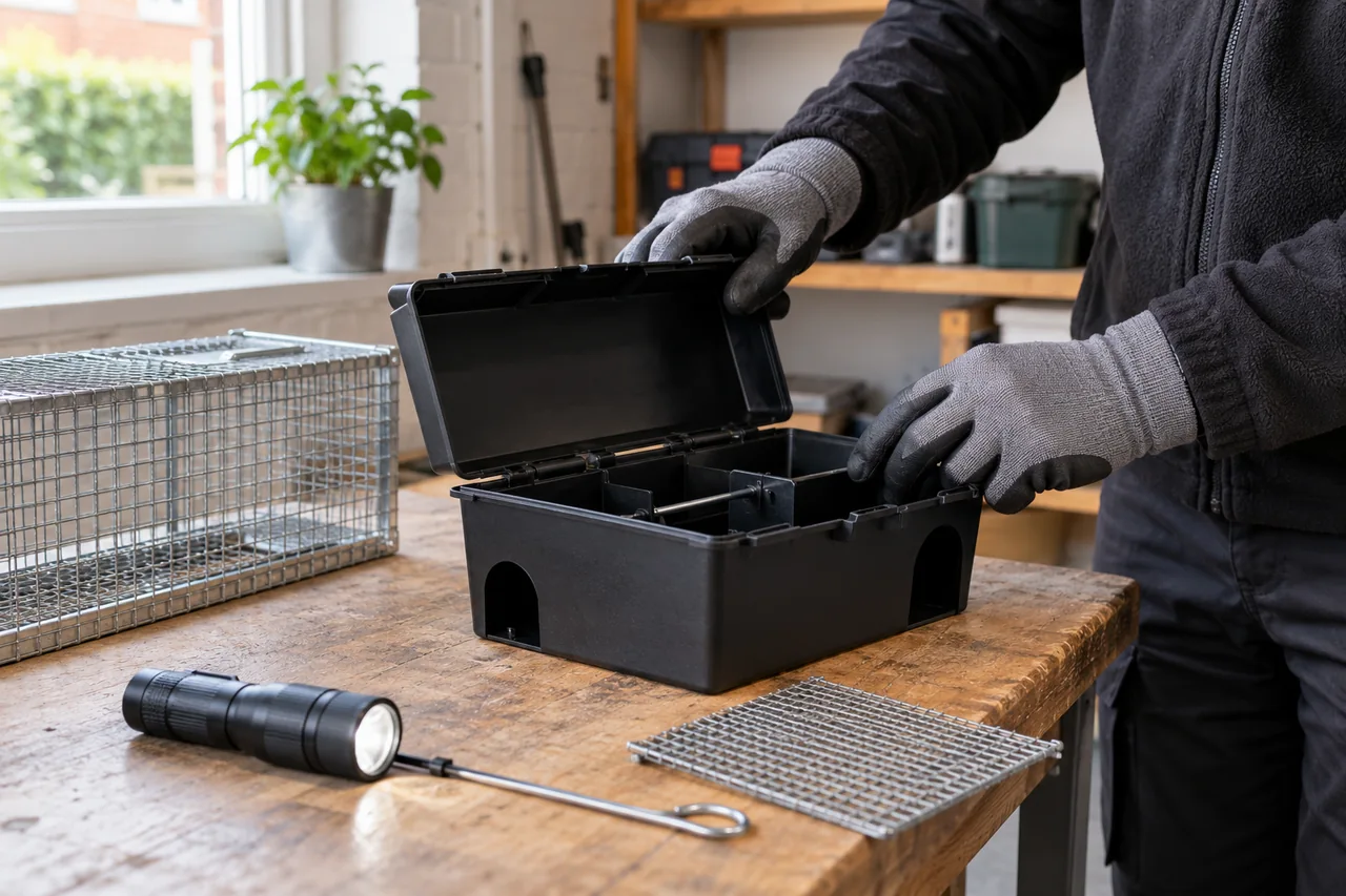 Secured mouse monitoring box and proofing materials on a bench
