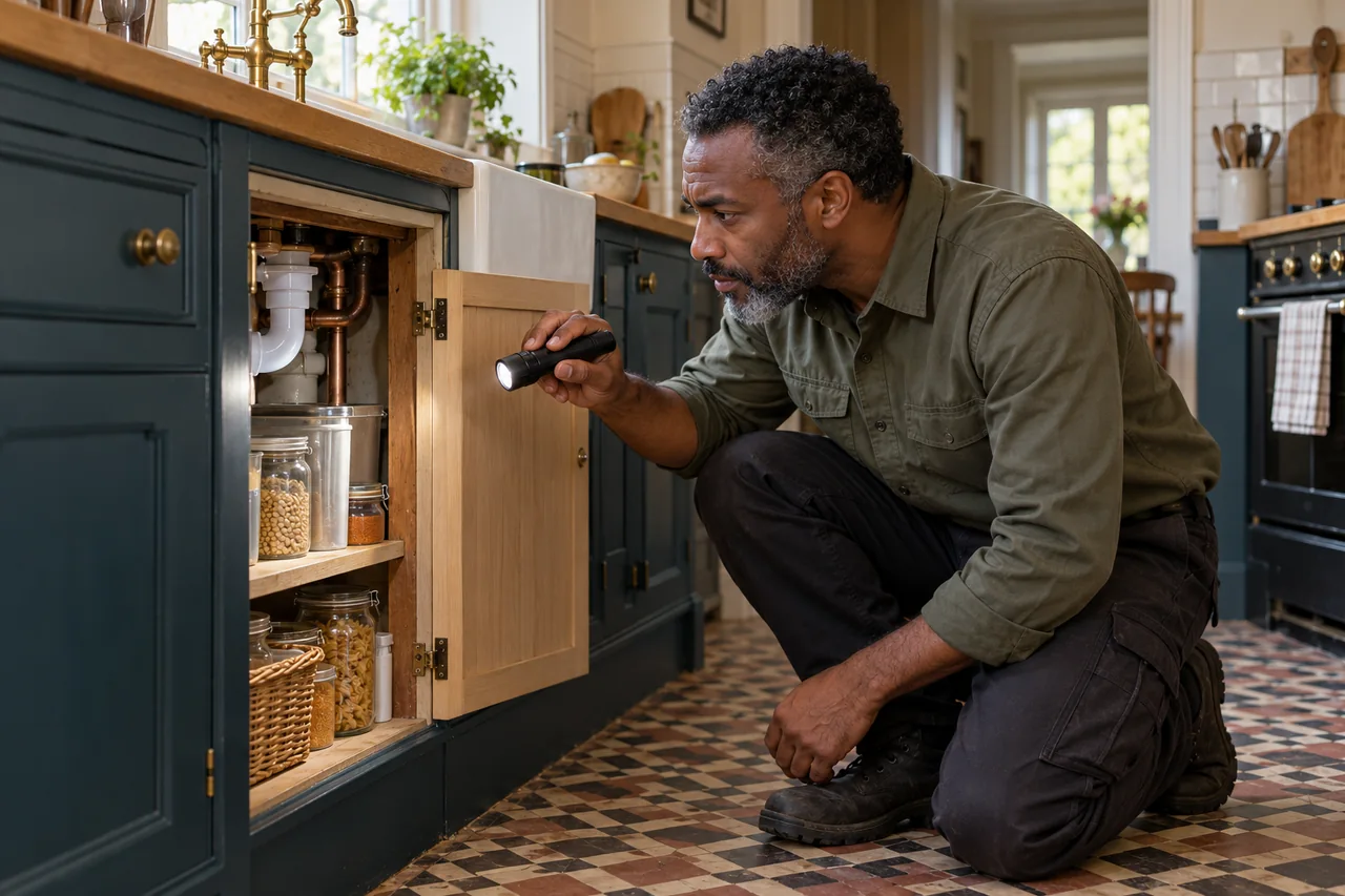 Technician examining pipe gaps in a kitchen cupboard