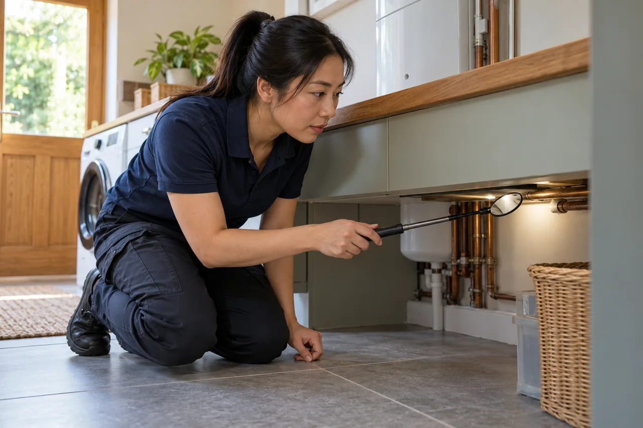 Inspector checking beneath a utility cabinet with a mirror