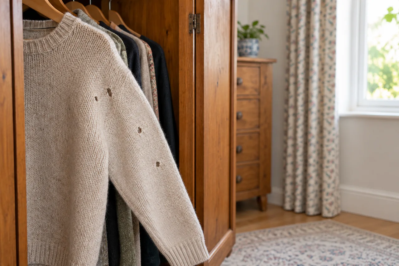 Small areas of damage in a wool garment beside a wardrobe
