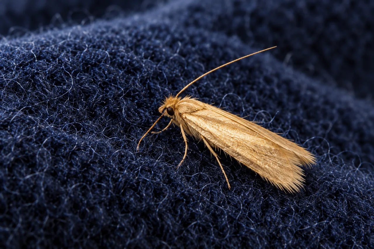 Clothes moth resting on dark wool fabric