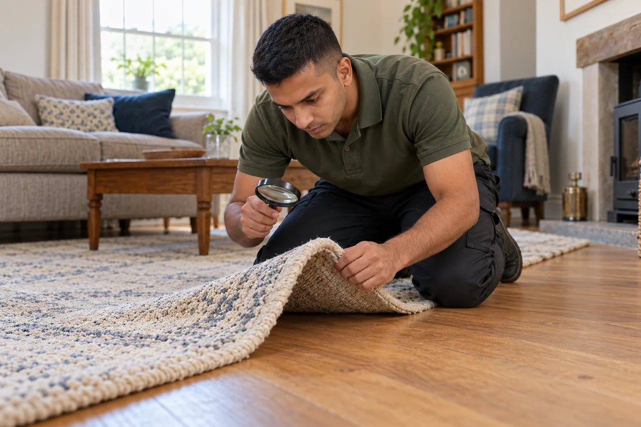 Technician checking a rug edge with a hand lens