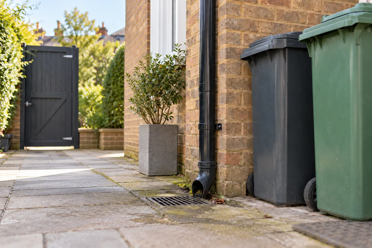 Drain cover and closed waste bins outside a house