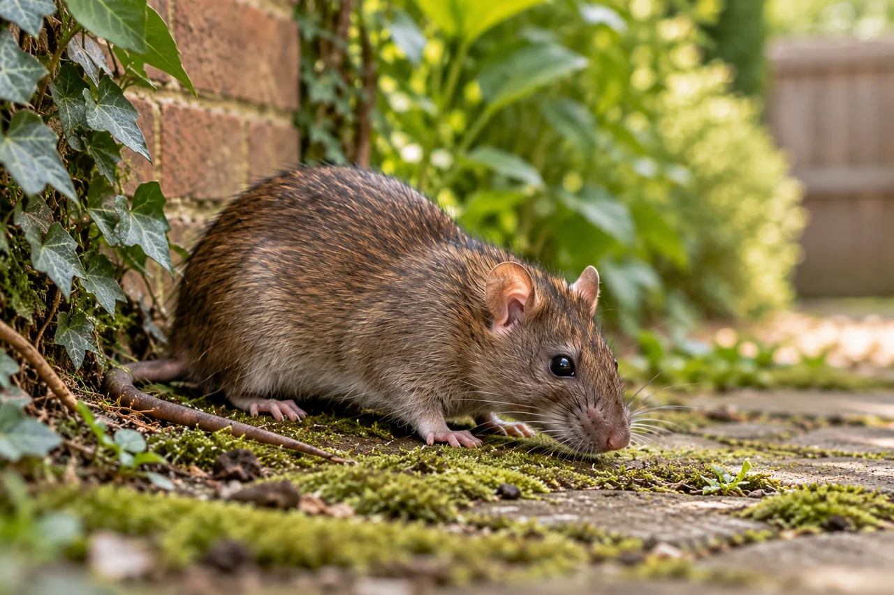 Brown rat beside an outdoor wall