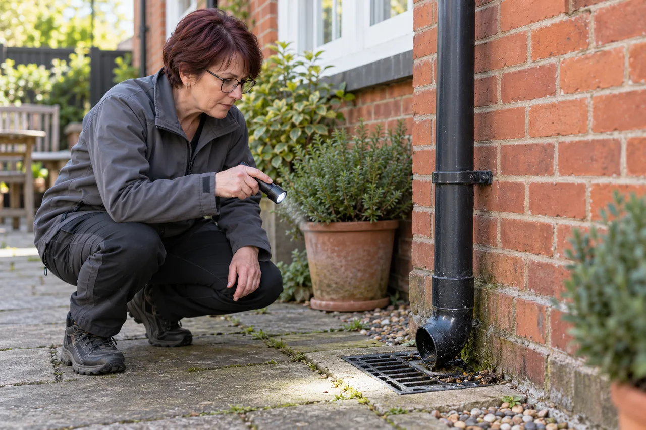 Inspector examining an exterior drain surround