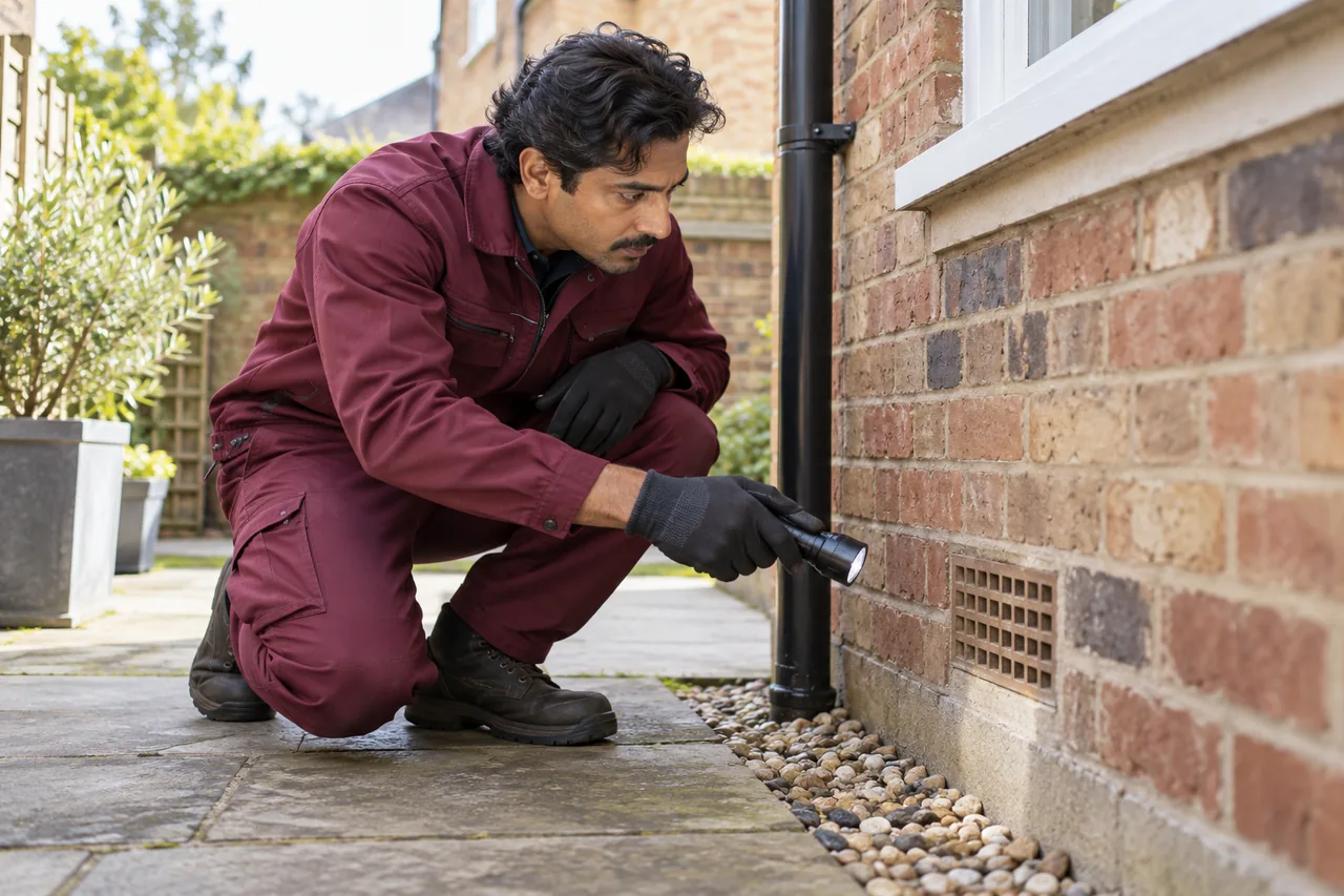 Technician checking an air brick at ground level