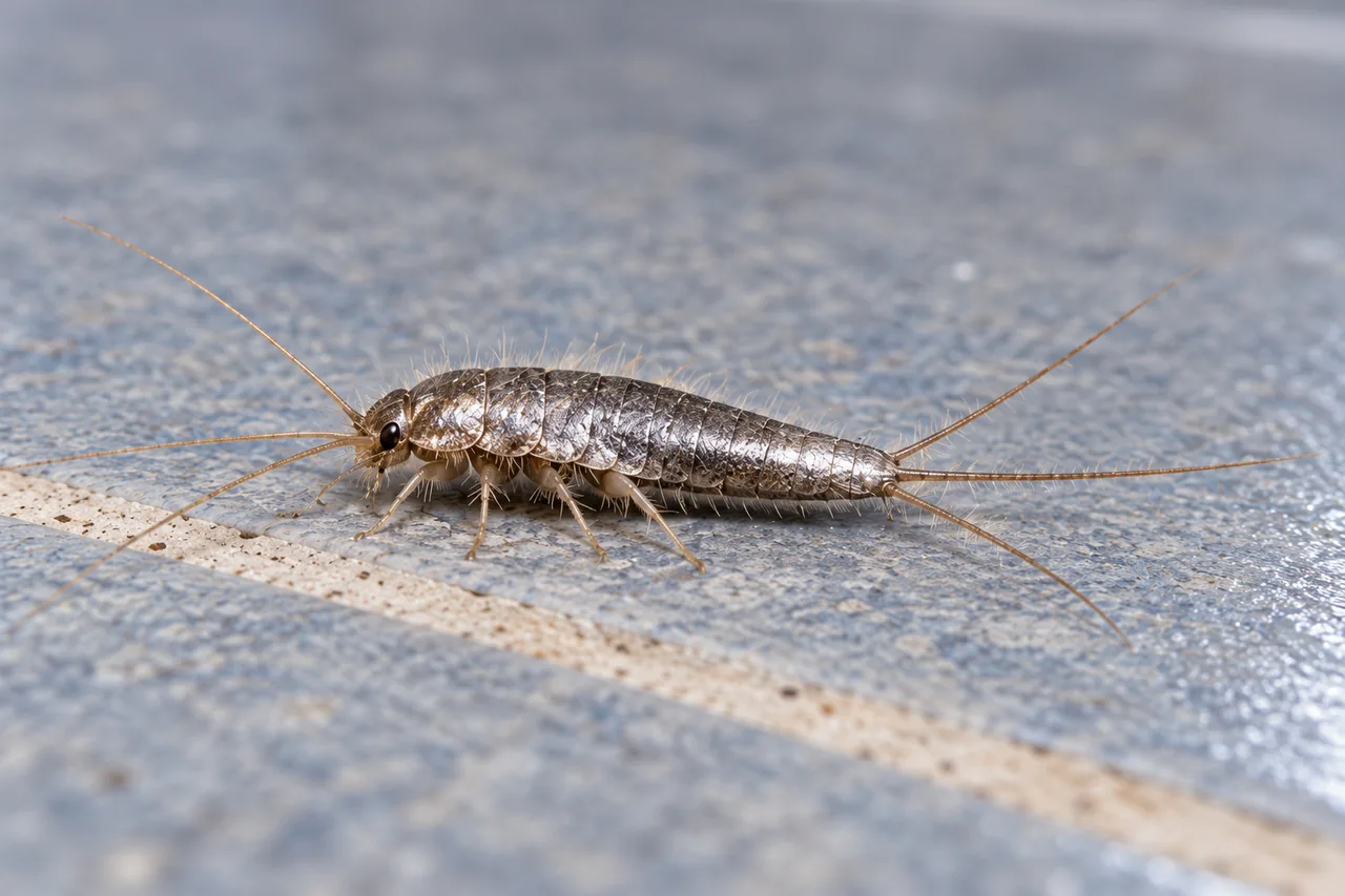 Silverfish on blue-grey bathroom grout