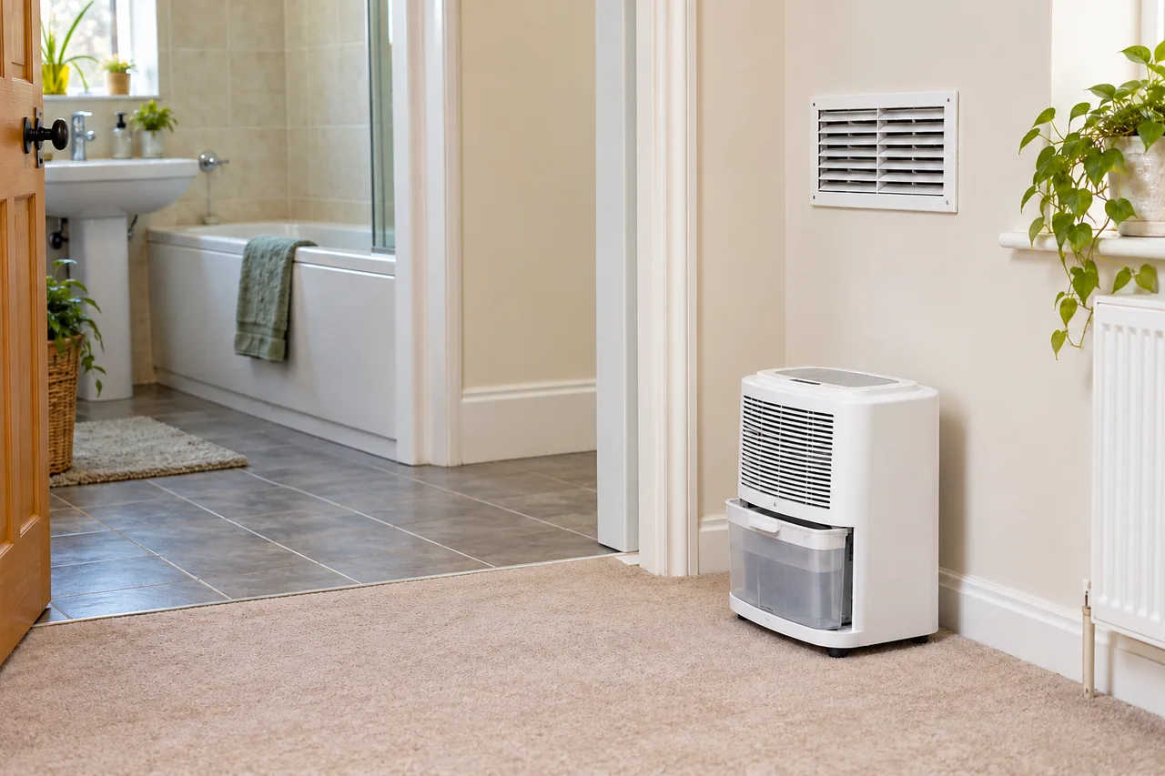 Compact dehumidifier beside a bathroom ventilation area