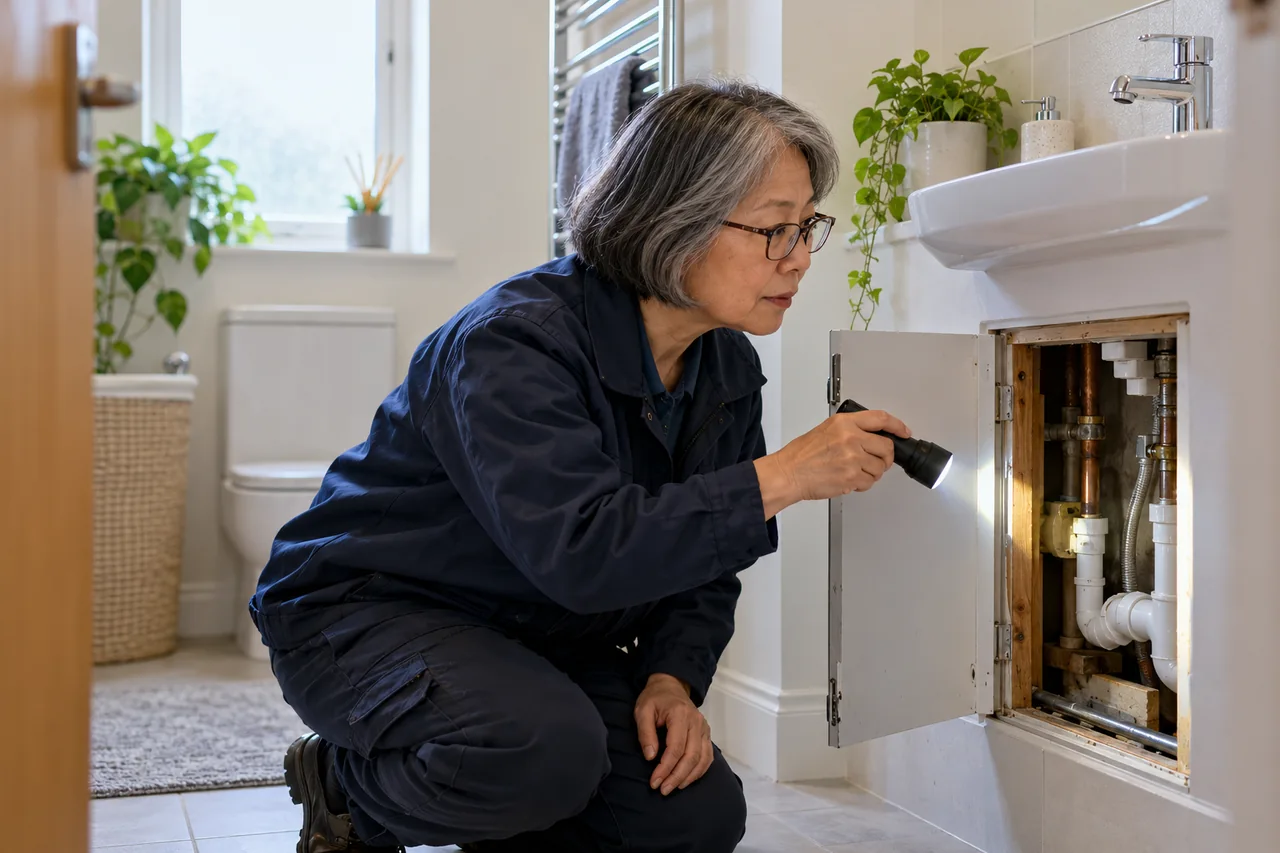 Technician examining a bathroom pipe access panel