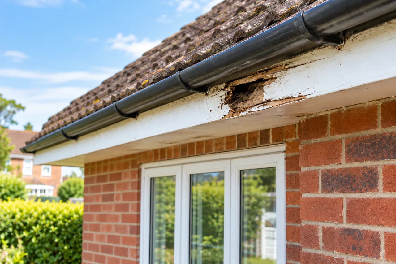 Damaged soffit detail beside a tiled roof
