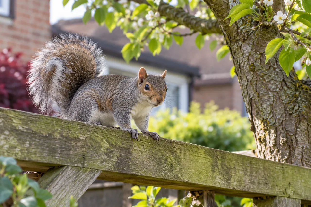 Grey squirrel on timber beside a garden tree