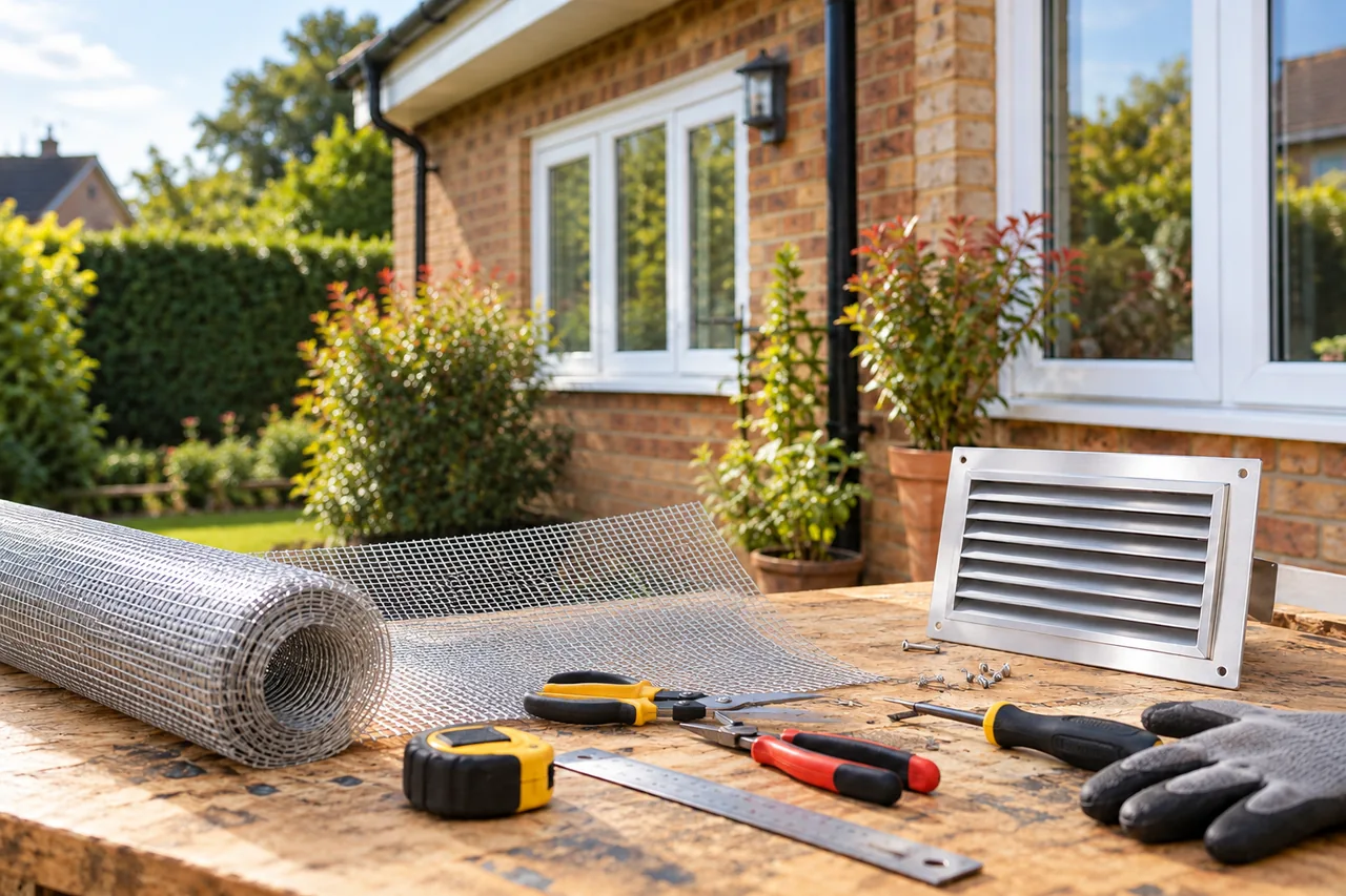 Mesh, gloves and replacement vent materials on a workbench