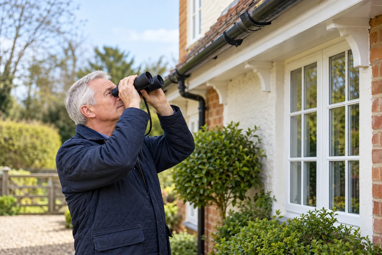 Inspector viewing a roof eave from ground level