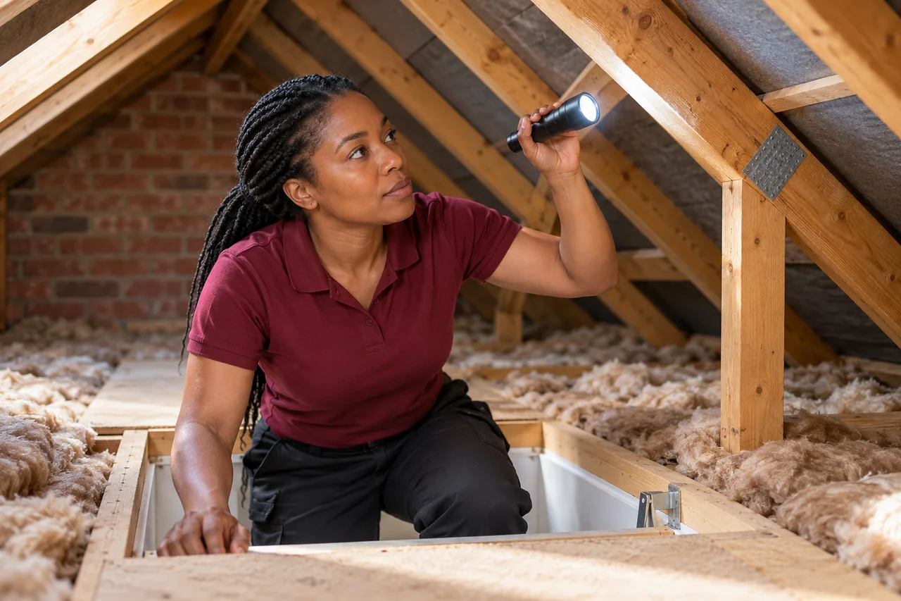 Technician inspecting a boarded loft hatch area