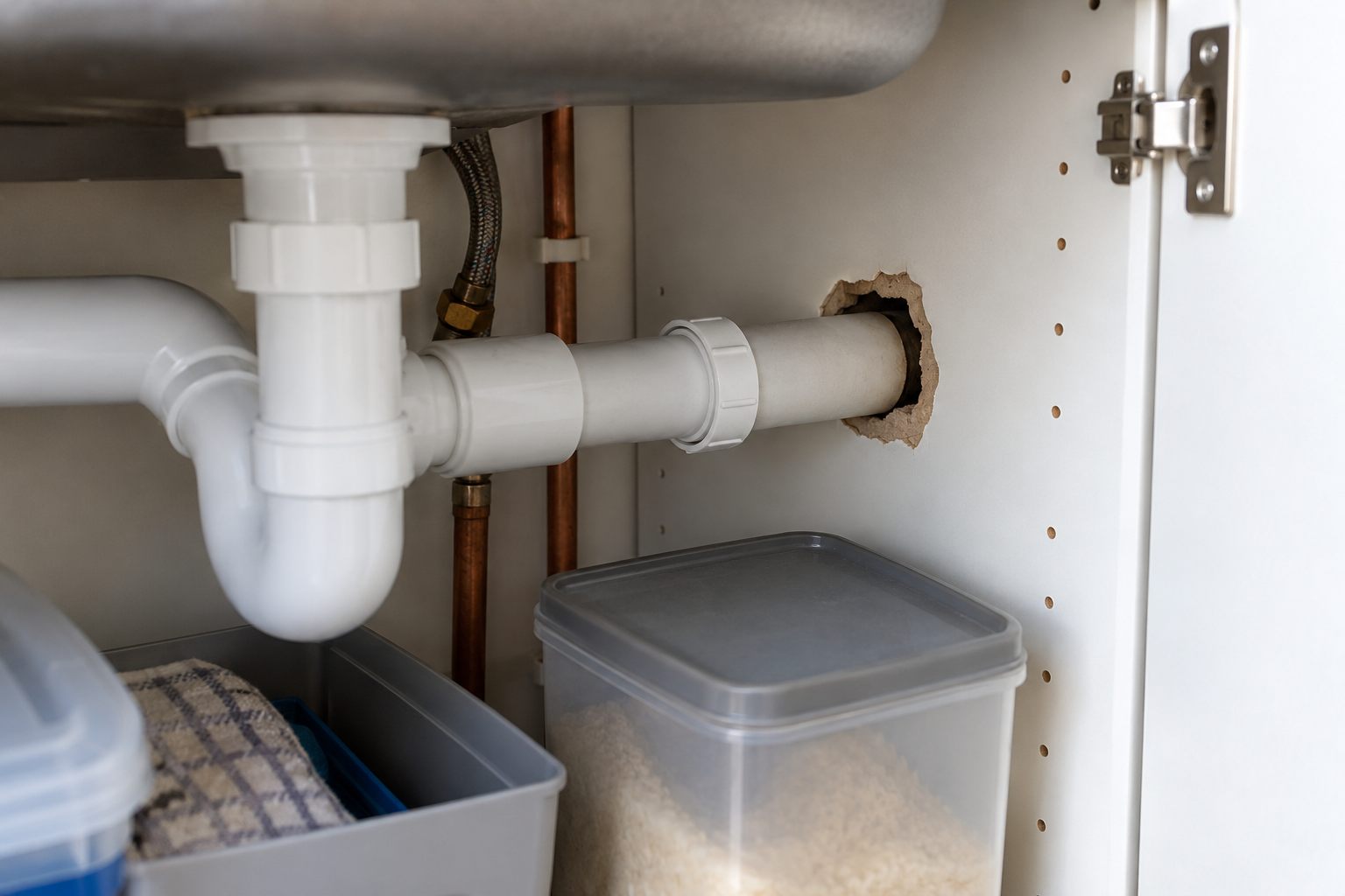 Illustrative gap around a pipe beneath a kitchen sink