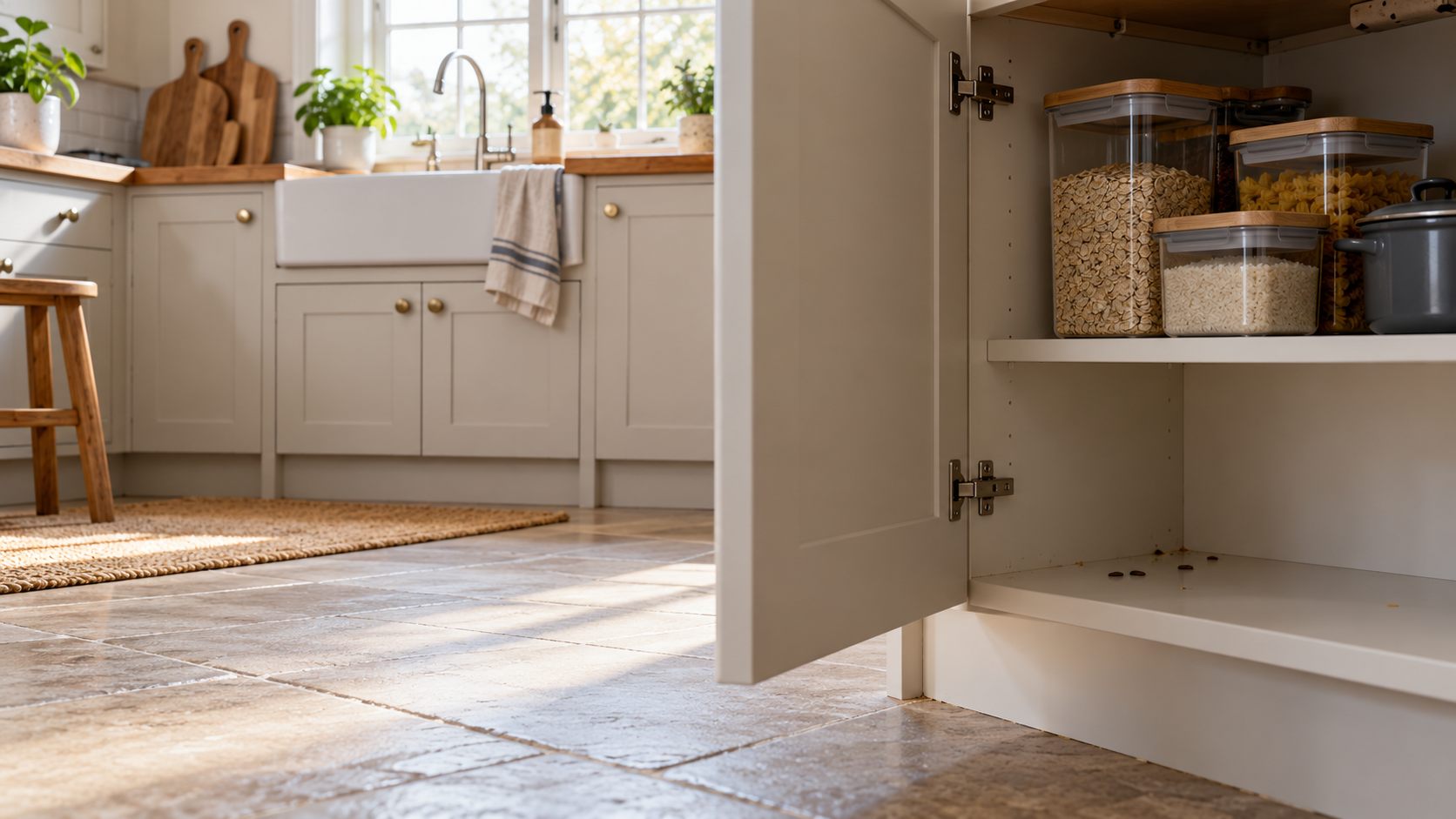 Illustrative kitchen cupboard with small dark marks near its back corner